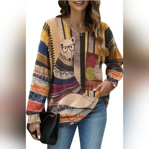 YESNO Womens Oversized Teddy Bear Graphic Pullover Wool Cotton Sweater Size 3XL